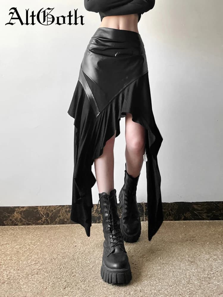 AltGoth Harajuku Cyber Punk Skirt Women Dark Academia Gothic Streetwear New Fashion Y2k Irregular Pu Patchwork High Waist Skirt