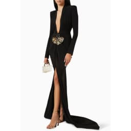 2025 New Beaded Decoration Sexy V-Neck Package Hip Black Floor Length Dress Celebrity Party Dress Woman Cocktail Outfit