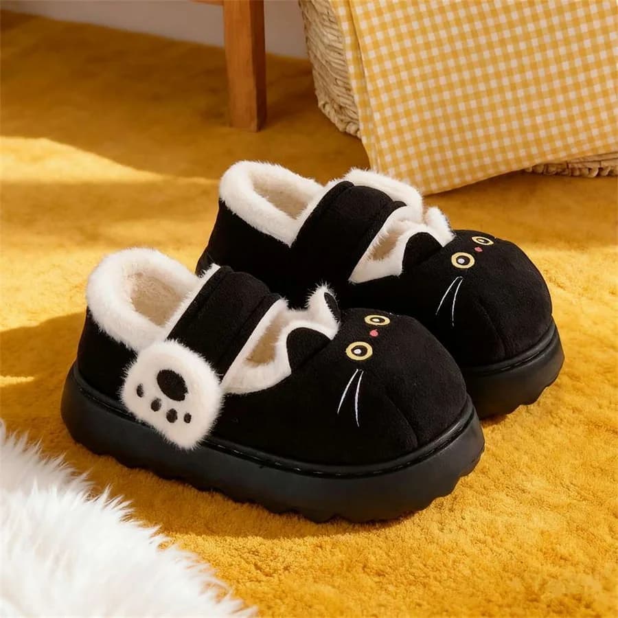 New Fuzzy Black Cat Shoes Hook Loop Winter Slippers for Women Indoor Mary Jane Plush Shoes Mom Shallow Warm Kitty Slippers Woman