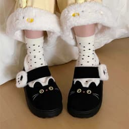 New Fuzzy Black Cat Shoes Hook Loop Winter Slippers for Women Indoor Mary Jane Plush Shoes Mom Shallow Warm Kitty Slippers Woman