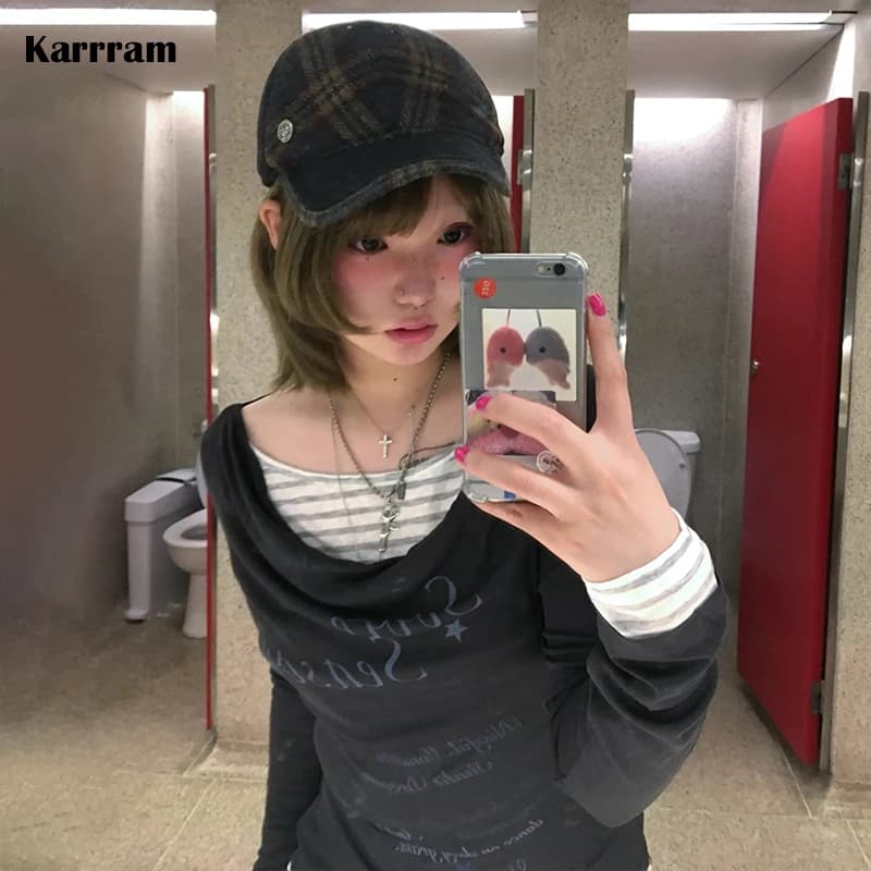 Karrram Japanese Y2k Fake Two-piece Tops 2000s Style Letter Print Long Sleeve T-shirt Vintage Harajuku Patchwork Tops Korean 90s