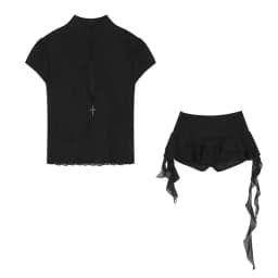 Tonngirls Y2k Fairycore Two Piece Set For Women Hollow Out Lace Mesh Shirt + Irregular Mini Shirts Vintage Skirt Sets Japanese