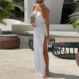 Women Backless Knitted Cover Up Maxi Dress Sexy Sheer Lace Up High Slit Bodycon Long Dress Summer Female Beach Vacation Sundress