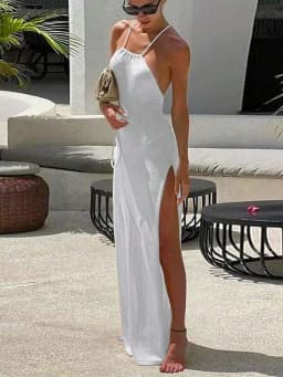 Women Backless Knitted Cover Up Maxi Dress Sexy Sheer Lace Up High Slit Bodycon Long Dress Summer Female Beach Vacation Sundress