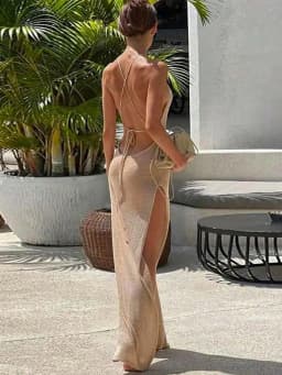 Women Backless Knitted Cover Up Maxi Dress Sexy Sheer Lace Up High Slit Bodycon Long Dress Summer Female Beach Vacation Sundress