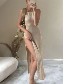 Women Backless Knitted Cover Up Maxi Dress Sexy Sheer Lace Up High Slit Bodycon Long Dress Summer Female Beach Vacation Sundress