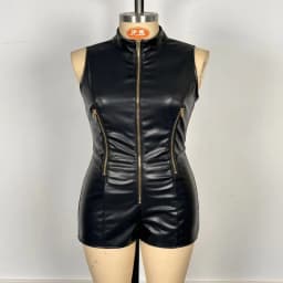 2026 New Women's Black Faux Leather Sleeveless Romper High-neck Zip-detail Fitted Party Club Jumpsuit with Sleeveless Shorts