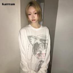 Karrram Japanese Y2k Anime Print T-shirt 2000s Korean Style Long Sleeve T Shirt Vintage Harajuku Cutecore White Tops Kawaii 00s