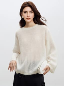 SuyaDream, Women Pullovers, 53.1%Mohair, O-Neck, Soft Loose Sweaters, 2025 Fall Winter Cozy Top, Pink, White