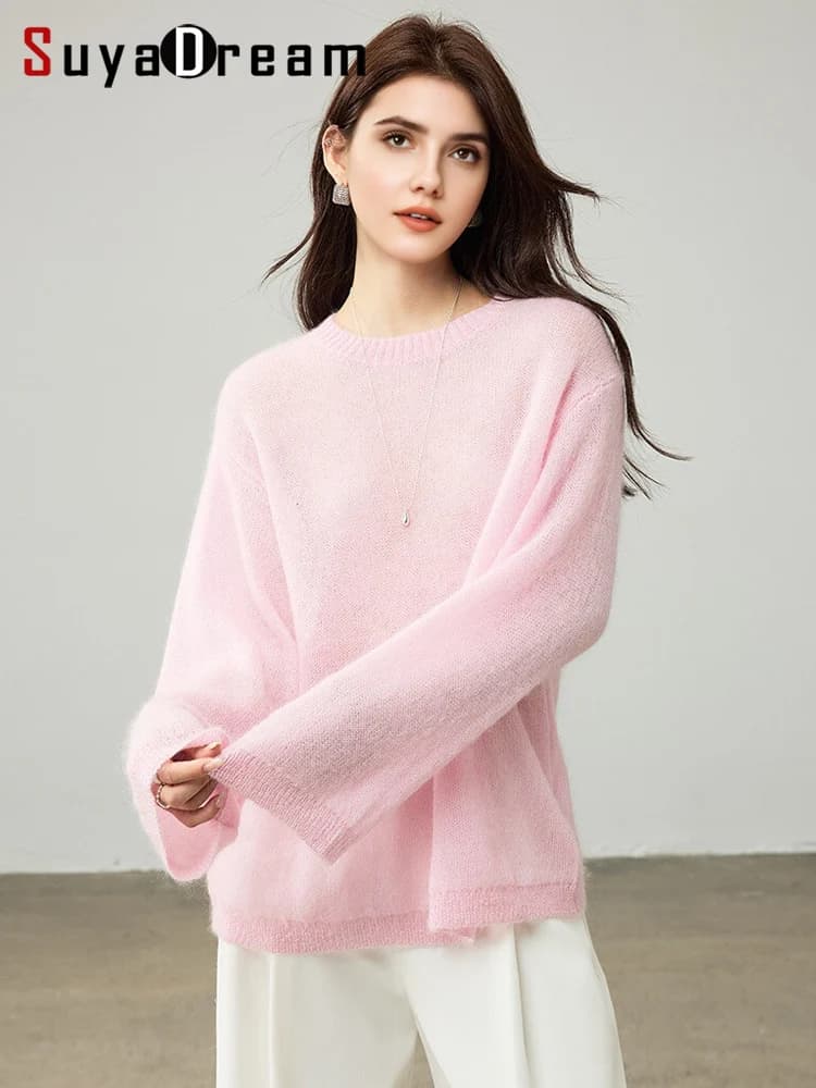 SuyaDream, Women Pullovers, 53.1%Mohair, O-Neck, Soft Loose Sweaters, 2025 Fall Winter Cozy Top, Pink, White