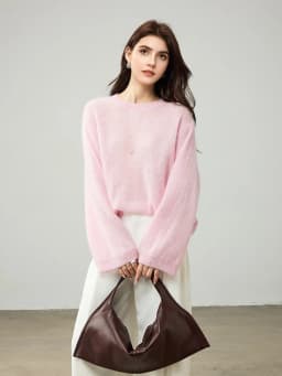 SuyaDream, Women Pullovers, 53.1%Mohair, O-Neck, Soft Loose Sweaters, 2025 Fall Winter Cozy Top, Pink, White