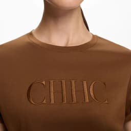 CH Premium Pure Cotton Embroidered T-shirt Brown CHHC Letter Embroidered Top Women 2026 New Simple Round Neck Base Shirt