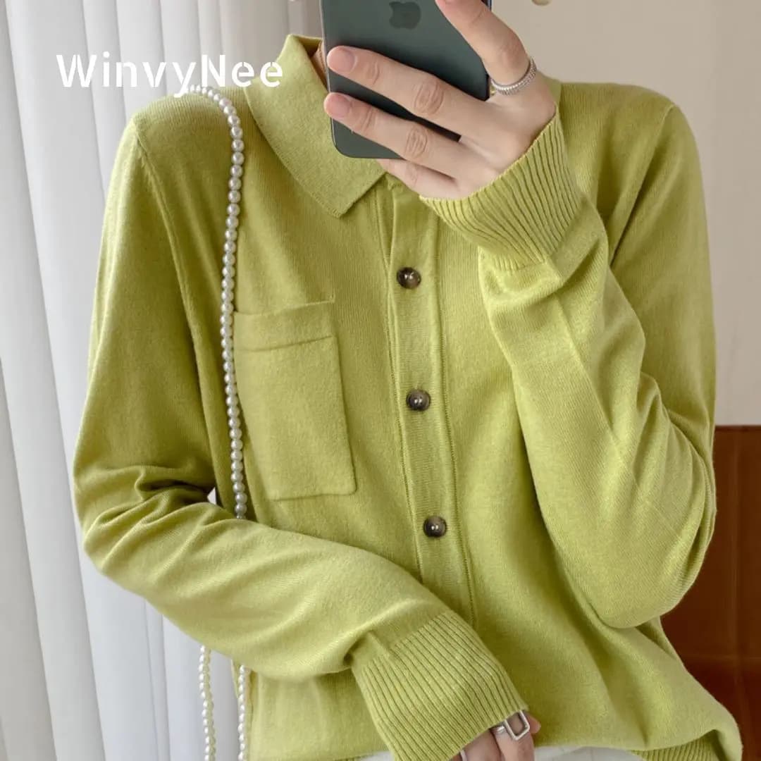 WinvyNee Women's Elegant Spring Knitted Cardigan Wool Polo Neck With Pockets Solid All-Match Casual Soft Tops Coats ZB1047006