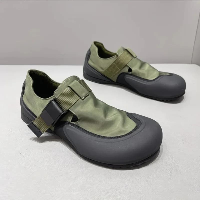 Green Buckle Strap Slip-On Outdoor Shoes Hollow-Out Breathable Flat Shoes Height Increasing Casual Shoes Trendy Men's Shoes