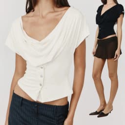 Wj Swing-Collar Waist-Cinching Short Top, Off-Shoulder Buttoned Ruched Slim-Fit Hot Girl Short-Sleeve T-Shirt, V-Neck One-Shoulder Top, Single-Row Button Waist-Cinching Slim-Fit Short Tight-Fitting Top