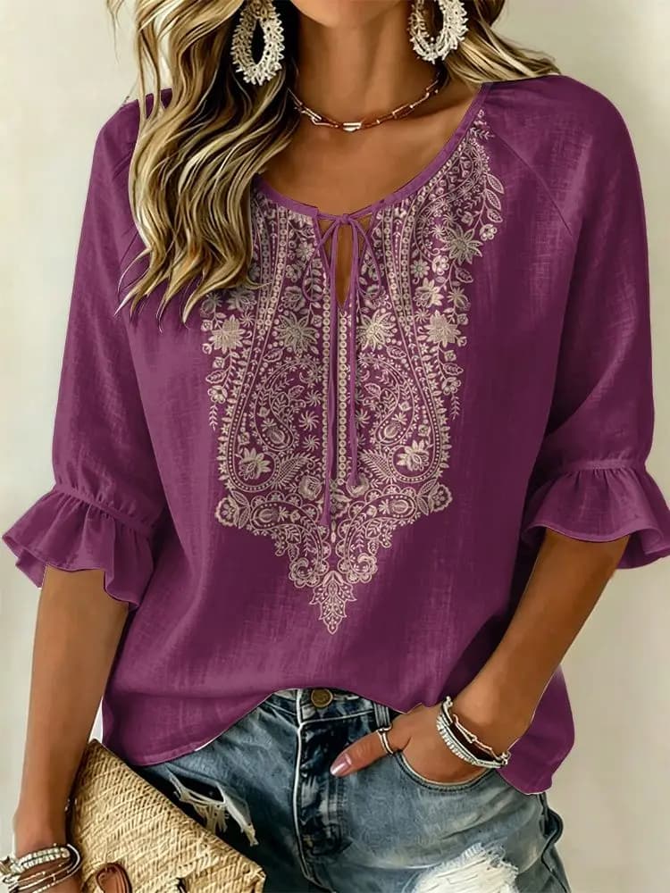 Women's Purple Embroidered Paisley Print Tie Neck Blouse, Casual Loose Tops for Spring Summer Daily Wear & Vacation Occasions