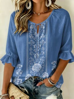 Women's Purple Embroidered Paisley Print Tie Neck Blouse, Casual Loose Tops for Spring Summer Daily Wear & Vacation Occasions