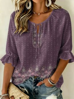 Women's Purple Embroidered Paisley Print Tie Neck Blouse, Casual Loose Tops for Spring Summer Daily Wear & Vacation Occasions