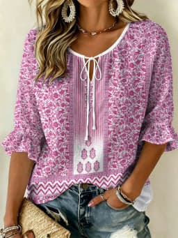 Women's Purple Embroidered Paisley Print Tie Neck Blouse, Casual Loose Tops for Spring Summer Daily Wear & Vacation Occasions