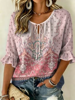 Women's Purple Embroidered Paisley Print Tie Neck Blouse, Casual Loose Tops for Spring Summer Daily Wear & Vacation Occasions