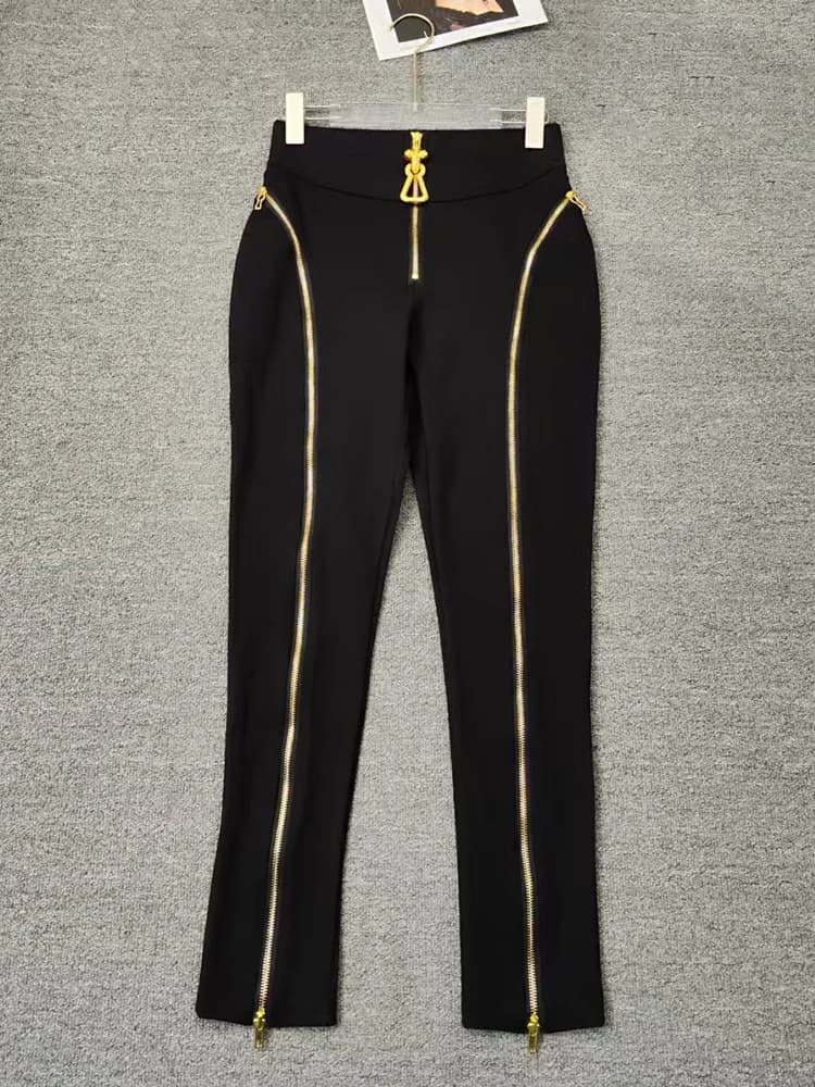 Summer women's retro irregular metal zipper design high waist feet pants fashion Joker elastic tight hip pants.