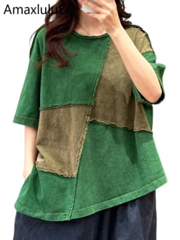 Amax LuluE 2026 Summer Vintage Loose Tee Shirts Womens Korean Design Classic O Neck Tops Ladies Fashion Causal Patchwork Clothes