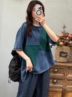 Amax LuluE 2026 Summer Vintage Loose Tee Shirts Womens Korean Design Classic O Neck Tops Ladies Fashion Causal Patchwork Clothes