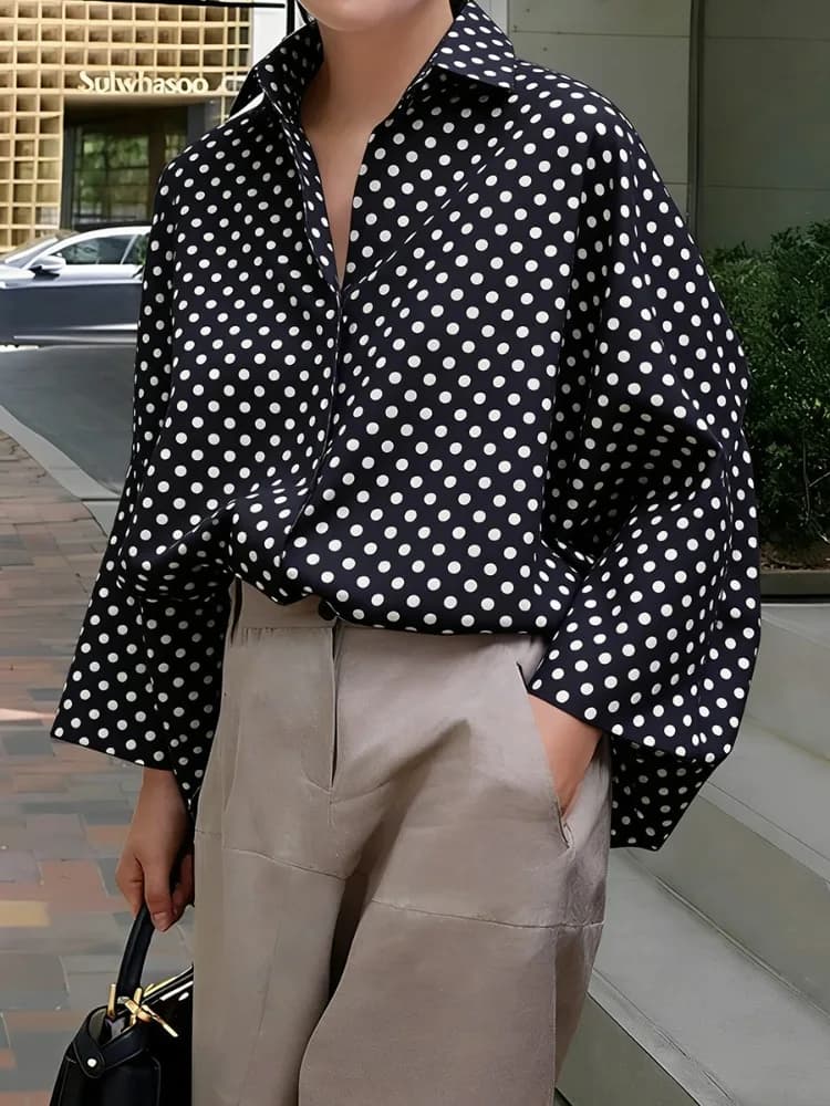 UOOZEE 2026 New Polka Dot Oversized Lapel Blouses For Women Long Sleeves Black White Contrast Color Casual Trendy Shirts