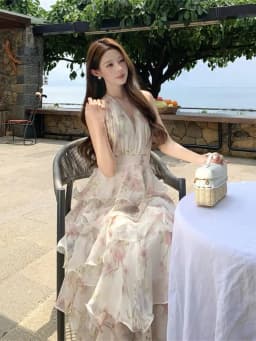 Summer Vacation Floral Printed Halter Chiffon Tiered Maxi Dress for Women Sexy V-Neck Backless Lace-up Ruffles Holiday Long Dres