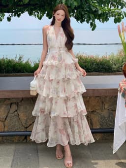 Summer Vacation Floral Printed Halter Chiffon Tiered Maxi Dress for Women Sexy V-Neck Backless Lace-up Ruffles Holiday Long Dres