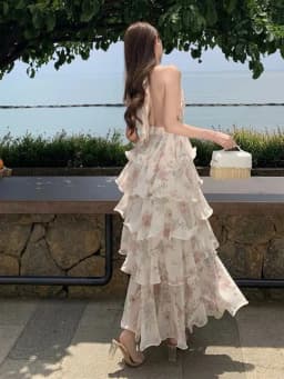 Summer Vacation Floral Printed Halter Chiffon Tiered Maxi Dress for Women Sexy V-Neck Backless Lace-up Ruffles Holiday Long Dres