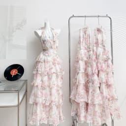 Summer Vacation Floral Printed Halter Chiffon Tiered Maxi Dress for Women Sexy V-Neck Backless Lace-up Ruffles Holiday Long Dres