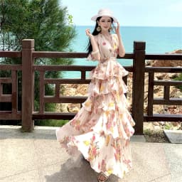 Summer Vacation Floral Printed Halter Chiffon Tiered Maxi Dress for Women Sexy V-Neck Backless Lace-up Ruffles Holiday Long Dres