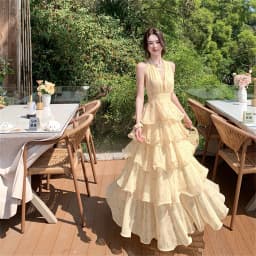 Summer Vacation Floral Printed Halter Chiffon Tiered Maxi Dress for Women Sexy V-Neck Backless Lace-up Ruffles Holiday Long Dres