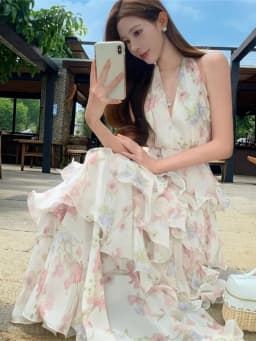 Summer Vacation Floral Printed Halter Chiffon Tiered Maxi Dress for Women Sexy V-Neck Backless Lace-up Ruffles Holiday Long Dres