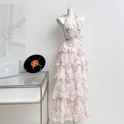 Summer Vacation Floral Printed Halter Chiffon Tiered Maxi Dress for Women Sexy V-Neck Backless Lace-up Ruffles Holiday Long Dres