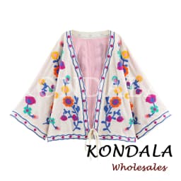 KONDALA Vintage Flower Embroidery Autumn Women Coat Fashion 2026 Lace-up V-Neck High Street Chic Loose Female Elegant Outwear