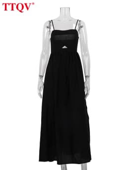 TTQV Sexy Loose Black Cotton Womens Dresses 2024 Summer Strap Sleeveless Ankle Length Dress Elegant Hollow Out Female Dress