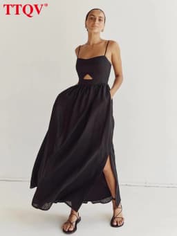 TTQV Sexy Loose Black Cotton Womens Dresses 2024 Summer Strap Sleeveless Ankle Length Dress Elegant Hollow Out Female Dress