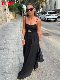 TTQV Sexy Loose Black Cotton Womens Dresses 2024 Summer Strap Sleeveless Ankle Length Dress Elegant Hollow Out Female Dress