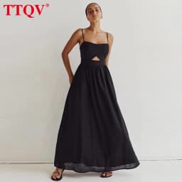 TTQV Sexy Loose Black Cotton Womens Dresses 2024 Summer Strap Sleeveless Ankle Length Dress Elegant Hollow Out Female Dress