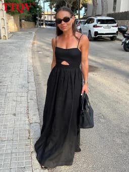 TTQV Sexy Loose Black Cotton Womens Dresses 2024 Summer Strap Sleeveless Ankle Length Dress Elegant Hollow Out Female Dress