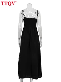 TTQV Sexy Loose Black Cotton Womens Dresses 2024 Summer Strap Sleeveless Ankle Length Dress Elegant Hollow Out Female Dress