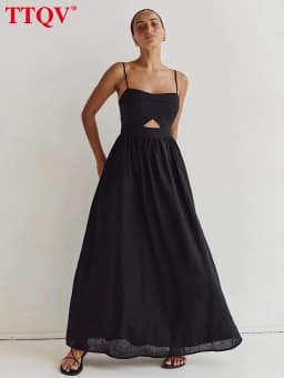 TTQV Sexy Loose Black Cotton Womens Dresses 2024 Summer Strap Sleeveless Ankle Length Dress Elegant Hollow Out Female Dress