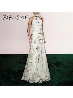 TWOTWINSTYLE Printing Slimming Spliced Bowknot Long Dress for Women High Neck Sleeveless Tunic Patchwork Folds Dresses Female