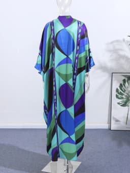 Casual Vacation Long Puff Sleeve V-neck Beach Dresses Fashion Printed Oversize Maxi Dress Women Lady Summer Bohemia Party Robes