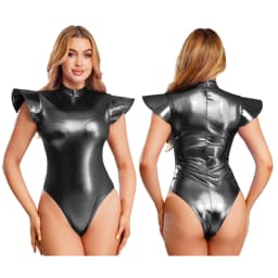Womens Shiny Metallic Fly Sleeve Bodysuit Holographic Mock Neck Back Zipper High Cut Leotard Space Theme Party Cosplay Costume