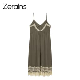 ZERAINS 2026 Spring/Summer New Product Women's V-neck Strap Contrast Splicing Lace Underwear Style Medium length Dress