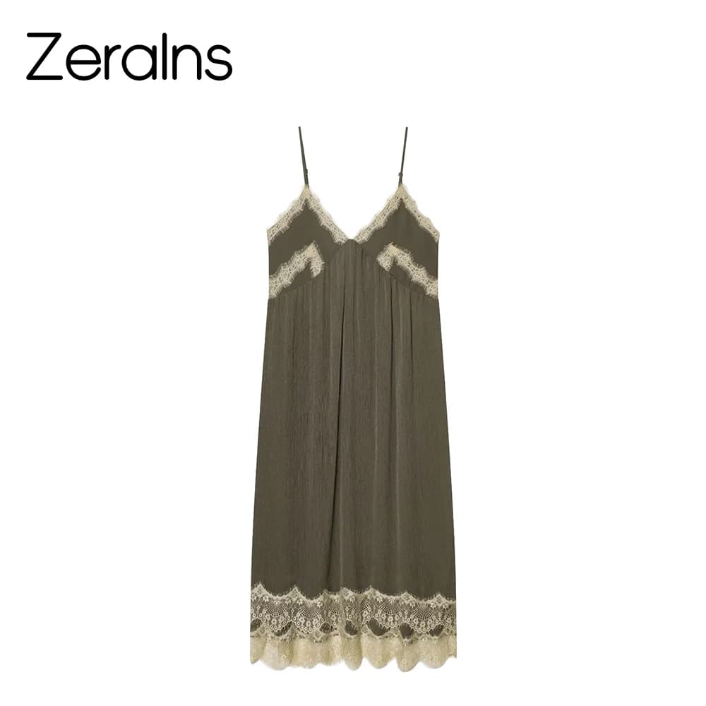 ZERAINS 2026 Spring/Summer New Product Women's V-neck Strap Contrast Splicing Lace Underwear Style Medium length Dress