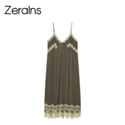ZERAINS 2026 Spring/Summer New Product Women's V-neck Strap Contrast Splicing Lace Underwear Style Medium length Dress